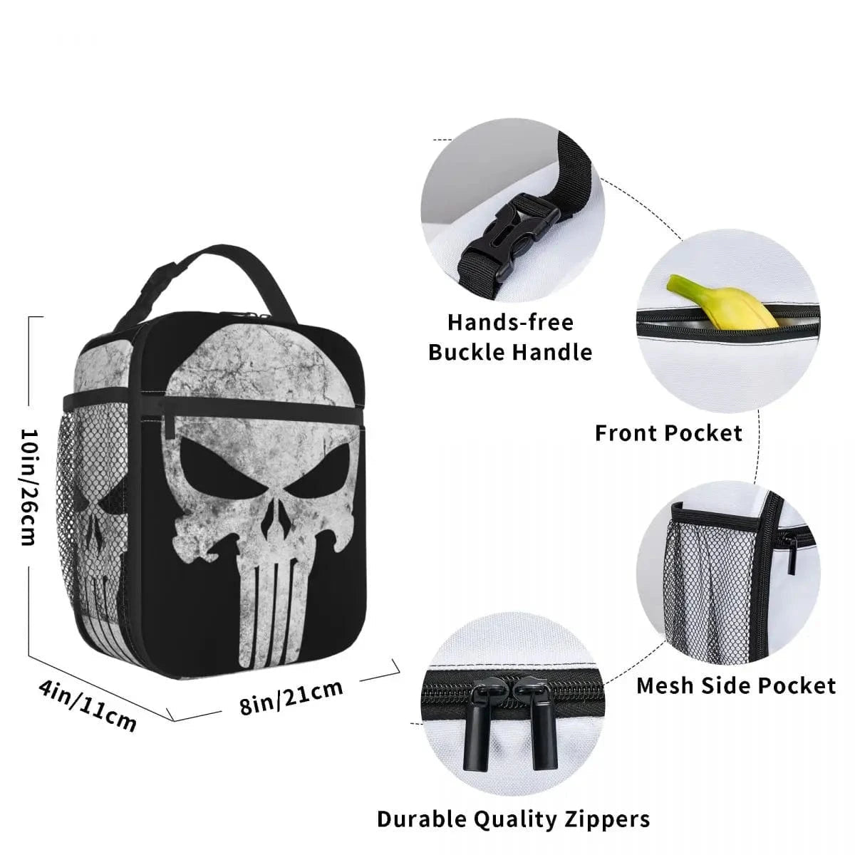 Custom Punisher Skull Grunge Insulated Lunch Bags for Women Portable Thermal Cooler Food Lunch Box Work School Travel