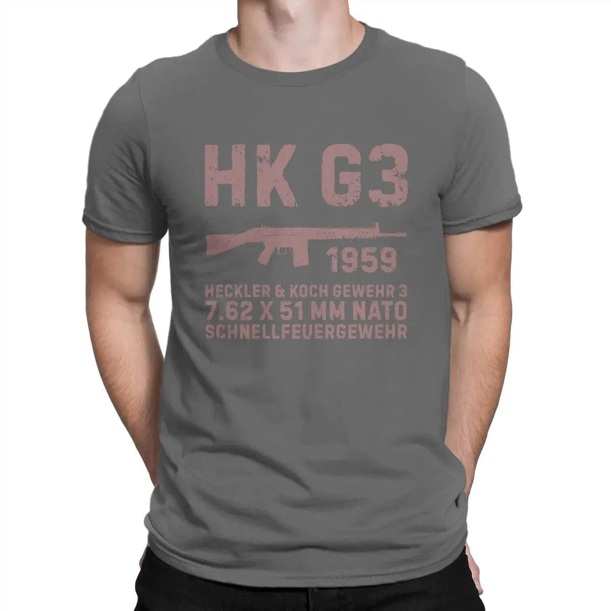 Fun HK G3 German Assault Rifle Classic T-Shirt for Men Round Neck Cotton T Shirt Heckler Koch HK Short Sleeve Tees Clothes Dark Grey / 4XL