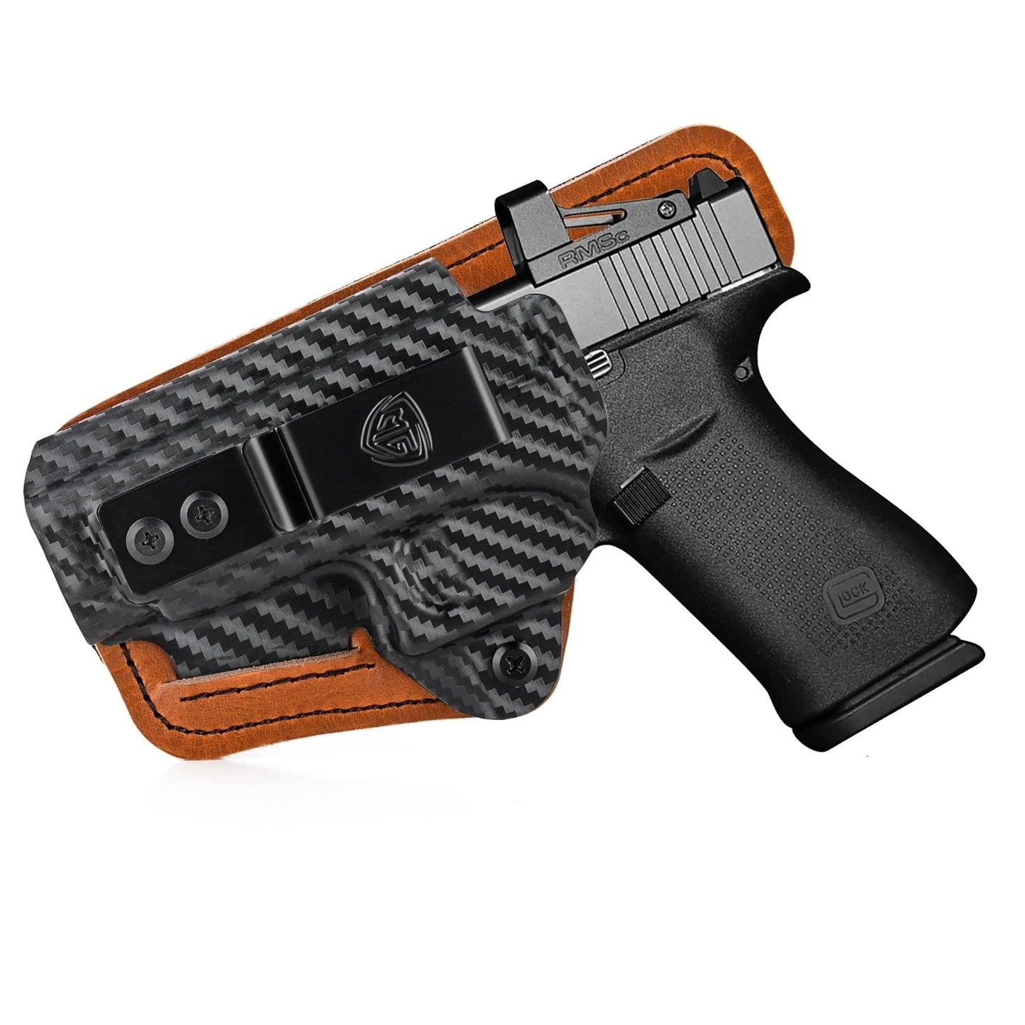 G43X Holster with Comfort Foam Pad IWB Kydex Leather Hybrid Holster for Glock 43 43X 48 Red Dot Optic Internal Concealed Carry Carbon Fiber Left