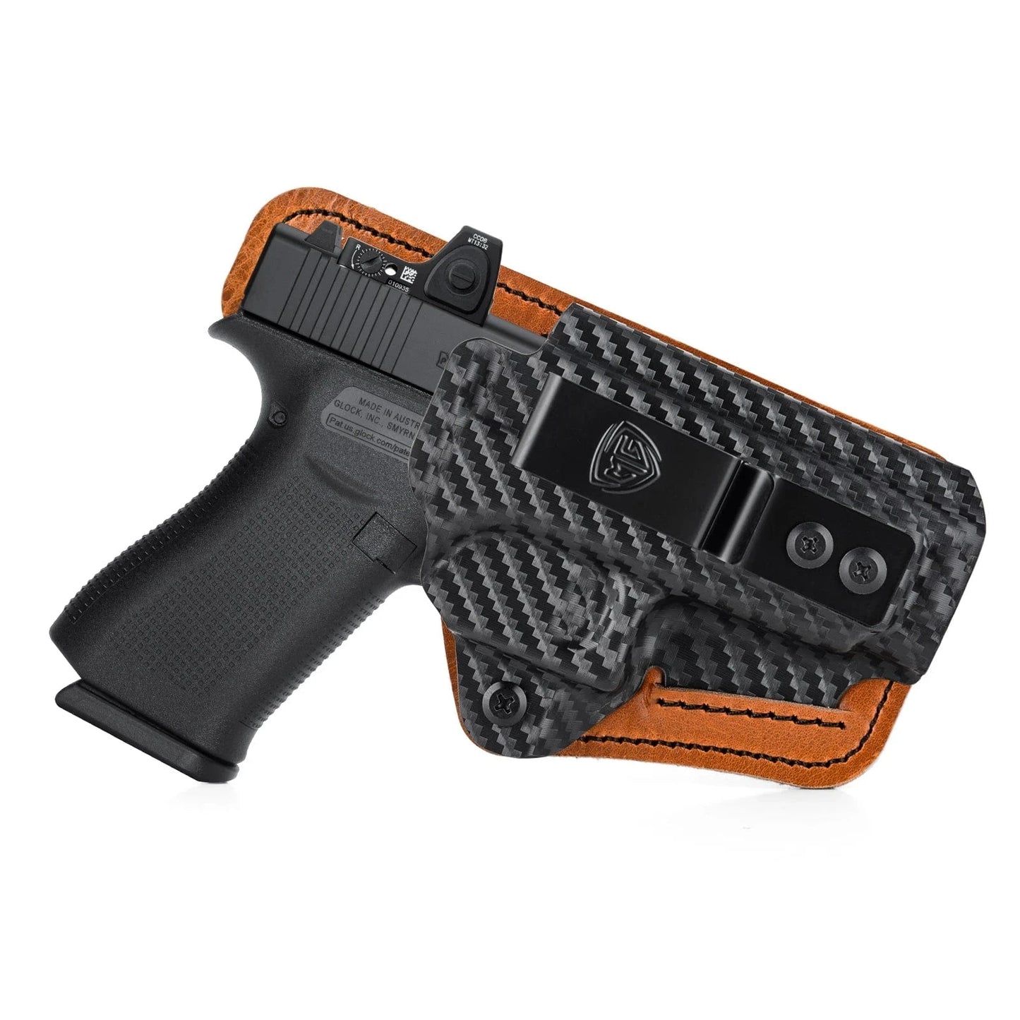 G43X Holster with Comfort Foam Pad IWB Kydex Leather Hybrid Holster for Glock 43 43X 48 Red Dot Optic Internal Concealed Carry Carbon Fiber Right