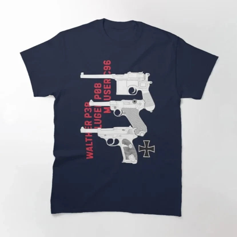 German Walther P38, Luger P08, Mauser C96 Pistols T-Shirt 100% Cotton O-Neck Summer Short Sleeve Casual Mens T-shirt Size S-3XL Navy Blue / XXL