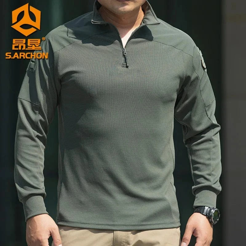 Men Long Sleeve Tactical Shirt Outdoor Combat Training Camouflage Uniform Gym Sport Clothes Tops Stretch Sweatshirt Hiking Shirt Green / M