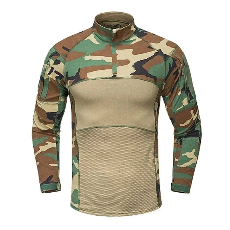 Military Tactical Shirt Men Camouflage Paintball Long Sleeve T Shirt Multicam Cotton Combat Shirts Camo Army T-Shirt Woodland / S