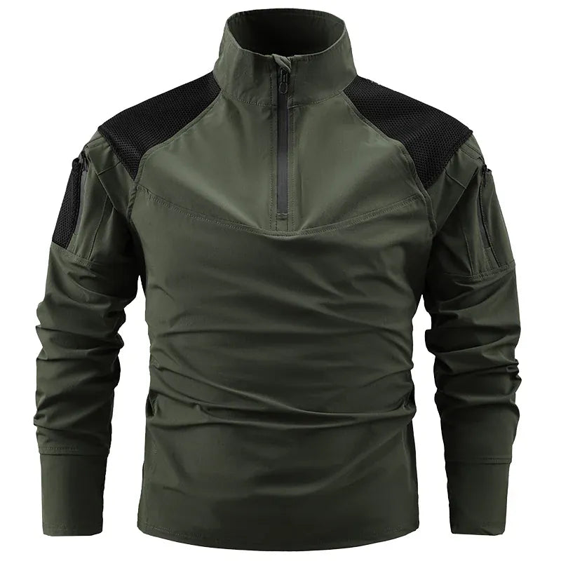 Nouveaux T-shirts Ripstop à fermeture éclair 1/4 avec poches zippées pour hommes, T-shirts à manches longues pour la randonnée en extérieur, hauts de sport, pulls d'entraînement Army Green / XXXL
