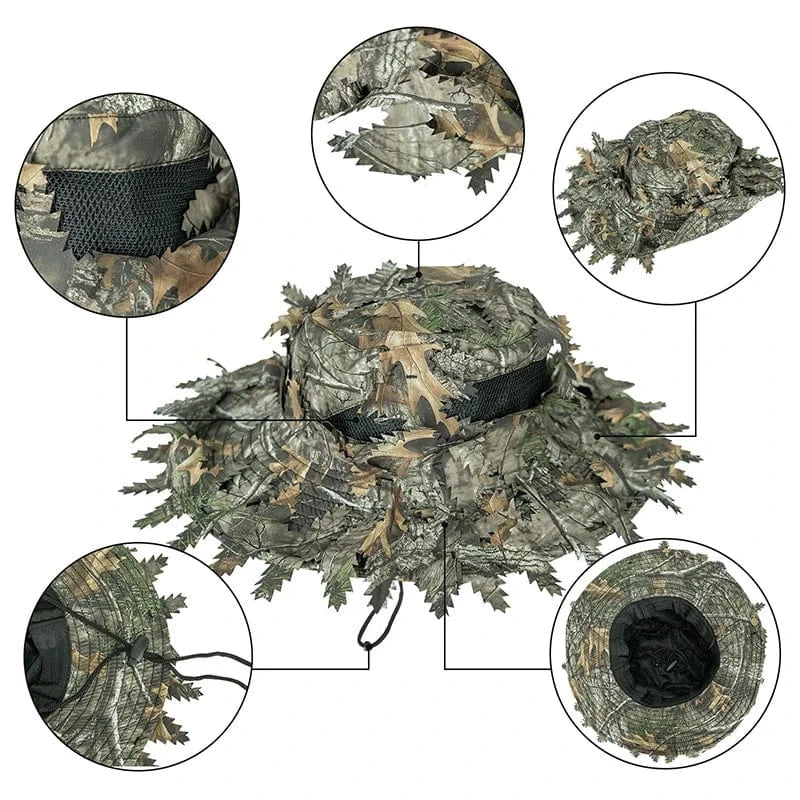 Outdoor Bionic Tree Hunting Bucket Hat Polyester Camping Hiking Hunting with 3D Maple Leaf Hidden Jungle Hat Sun Protection Cap 1pc