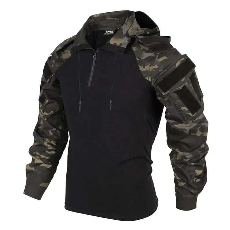 Outdoor Shirts Camo Combat T-Shirt Hooded Mens Working Tactical Shirt Airsoft Paintball Camping Hunting Clothing Wear-resisting CP Blcak / XXL-85-95kg