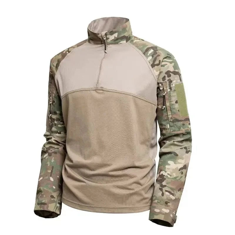 Outdoor Tactical Long Sleeved Mens T-shirt Camouflage Patchwork Half Zipper Training Tops Wear-resisting Multi Pockets Pullover CP / XXXL