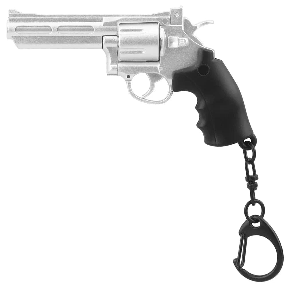 Revolver 1:4 Keychain Plastic Mini Pistol Gun Shape Key Ring Gift Decorations with Rotating And Pop Up Magazine Silver
