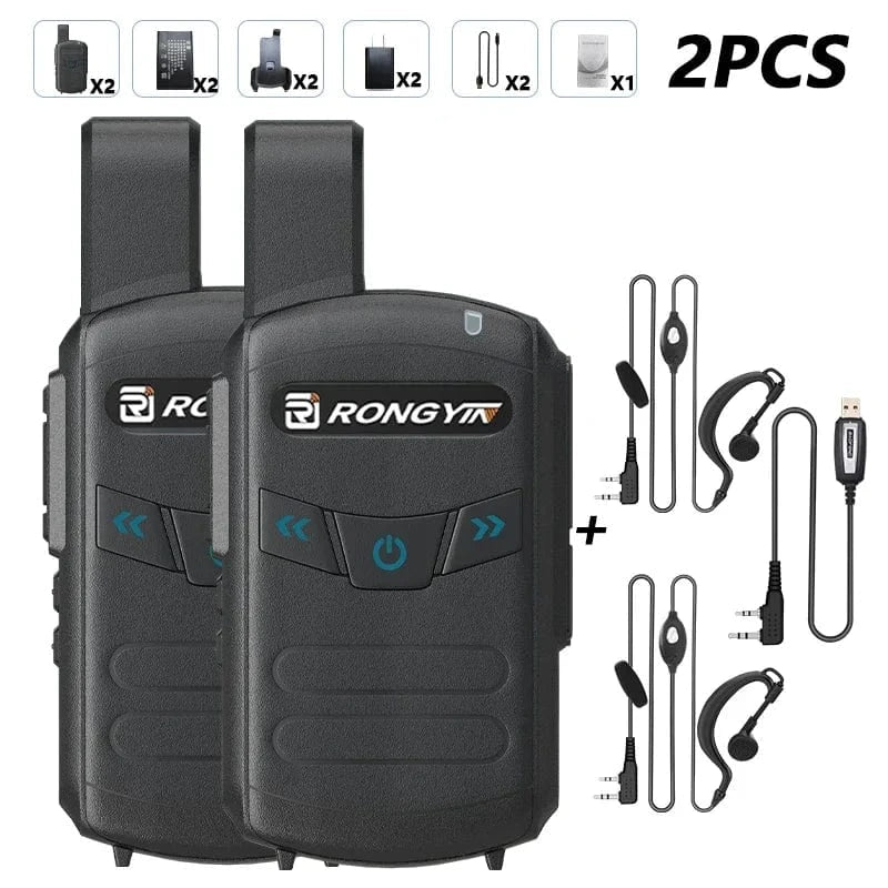 RongYin A5 Mini Walkie Talkie Portable Kids Toy Two Way Radio UHF400-470Mhz Type-C Charger Wireless frequency copy High Capacity 2Black-2Headset-Cabl / EU