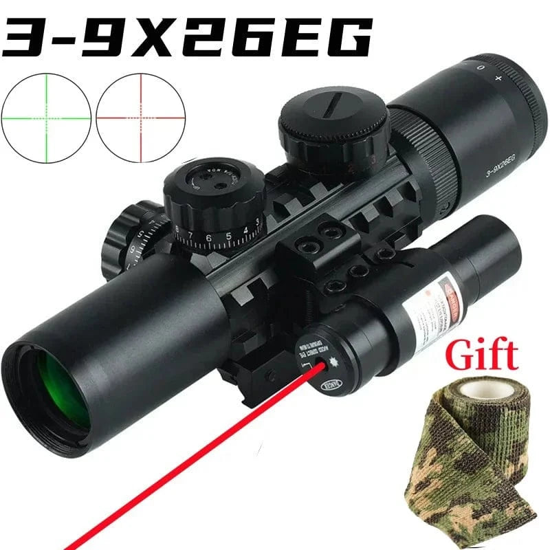 Tactical 3-9X26EG Crossbow Short Hunting Optical Scope Combo Red/Green Laser Sights Airsoft Riflescope Fits 20mm Rail Mount SET RED