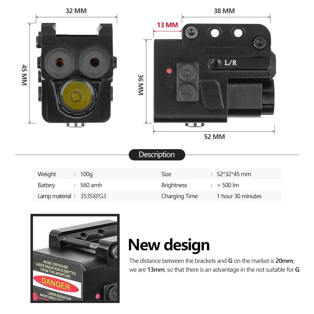 Tactical Flashlight Red&Blue Laser Sight for Pistol & Rifle, Fast Type-C Charging,Picatinny Weaver Rail Blue