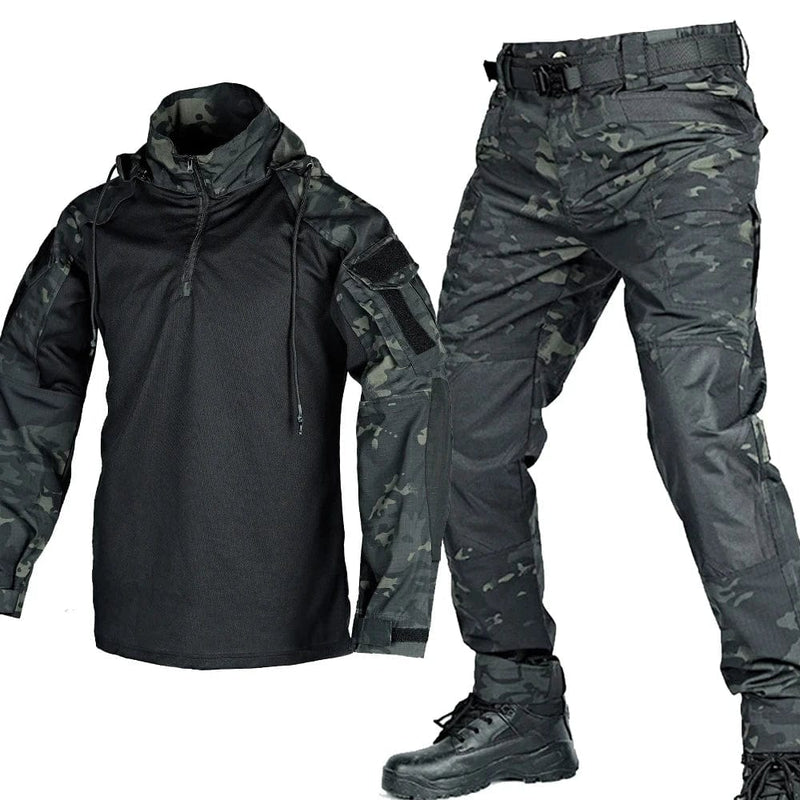 Tactical Shirt Pants Suit Men Camo Long Sleeve Military Training Uniform Outdoor Army Fans Combat Tops Trousers Sets Workwear Black CP Suits / M