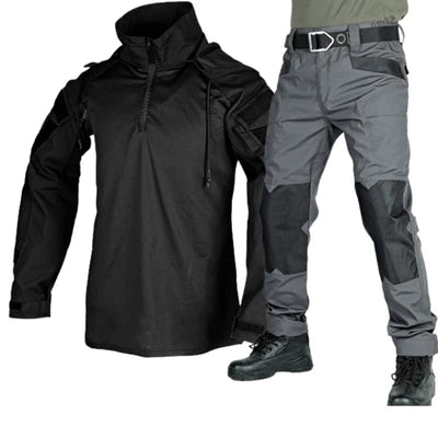 Tactical Shirt Pants Suit Men Camo Long Sleeve Military Training Uniform Outdoor Army Fans Combat Tops Trousers Sets Workwear Black Gray Suits / M
