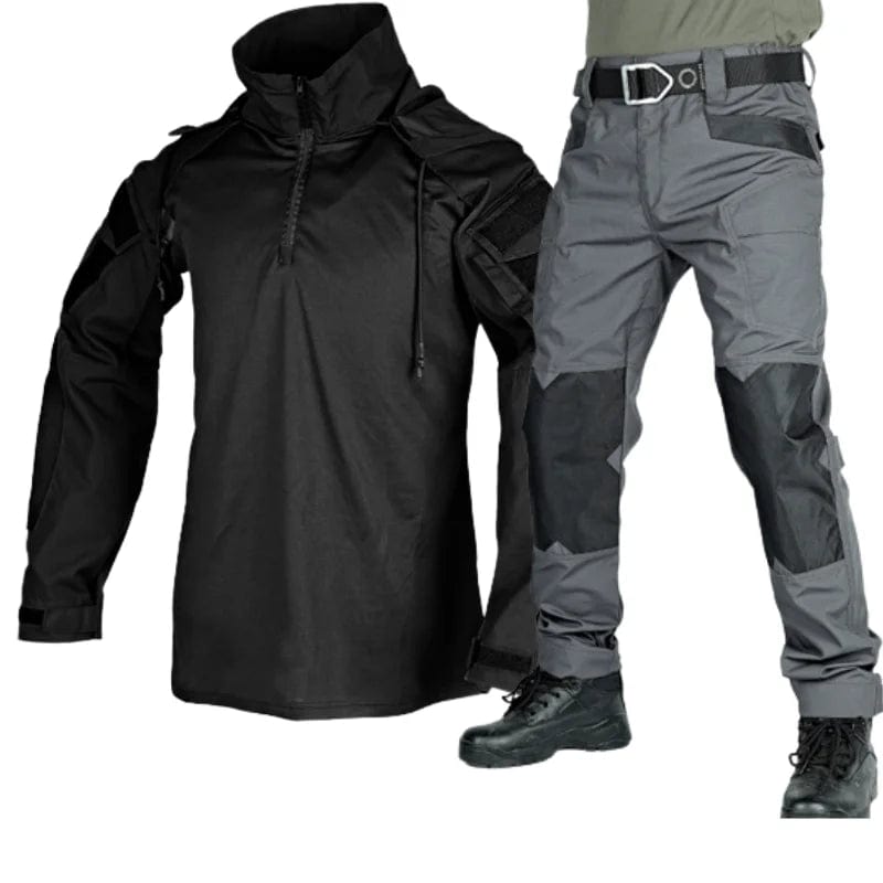 Tactical Shirt Pants Suit Men Camo Long Sleeve Military Training Uniform Outdoor Army Fans Combat Tops Trousers Sets Workwear Black Gray Suits / M