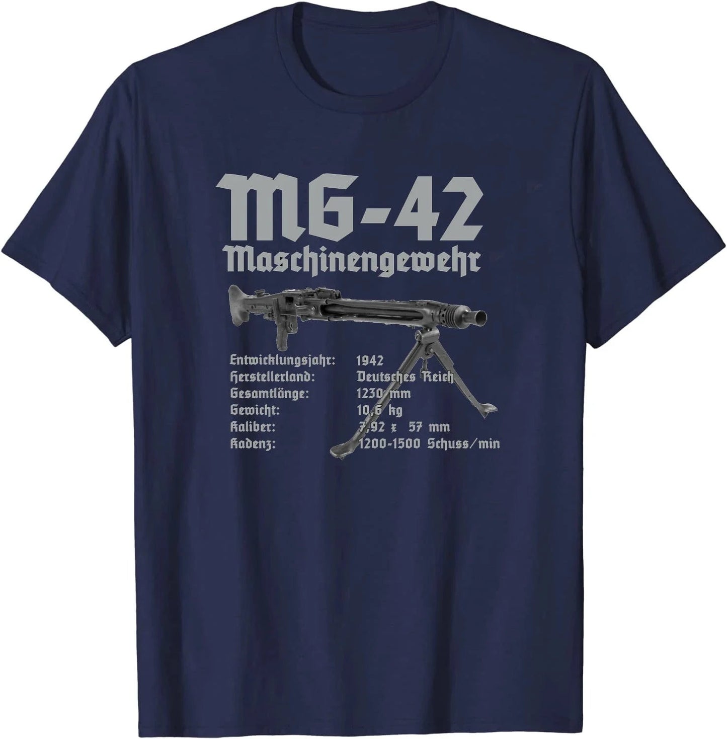 WWII Wehrmacht MG-42 MG42 Machine Gun Infographics T-Shirt 100% Cotton O-Neck Summer Short Sleeve Casual Mens T-shirt Size S-3XL Navy Blue / S
