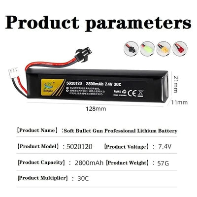 7.4V 11.4V 2500mAh 2800mAh Lipo Battery Split Connection for Water Gun 2S 3S Battery for Airsoft BB Air Pistol Electric Toy Guns