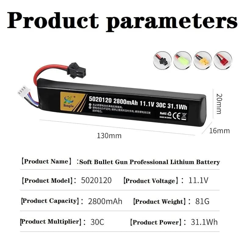7.4V 11.4V 2500mAh 2800mAh Lipo Battery Split Connection for Water Gun 2S 3S Battery for Airsoft BB Air Pistol Electric Toy Guns