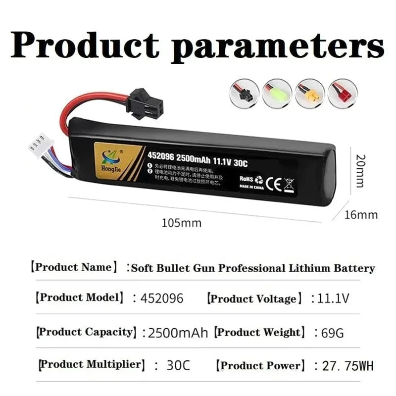 7.4V 11.4V 2500mAh 2800mAh Lipo Battery Split Connection for Water Gun 2S 3S Battery for Airsoft BB Air Pistol Electric Toy Guns