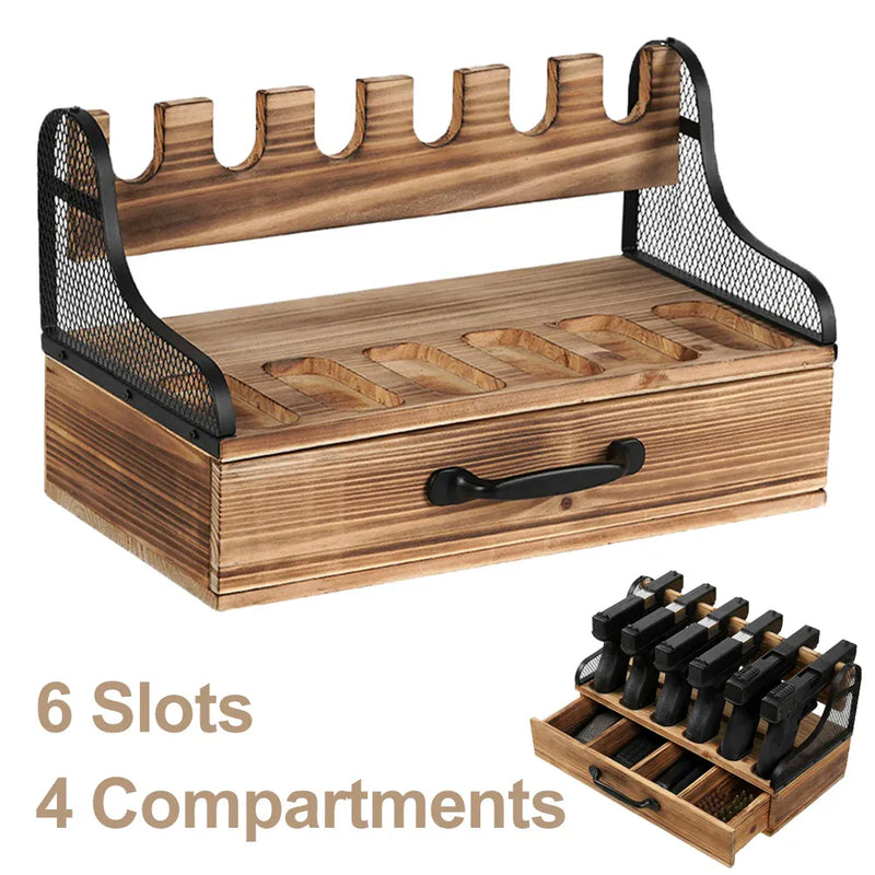 Support de présentation pour pistolets en bois à 6 emplacements avec tiroir à 4 compartiments pour le rangement de magazines et de balles