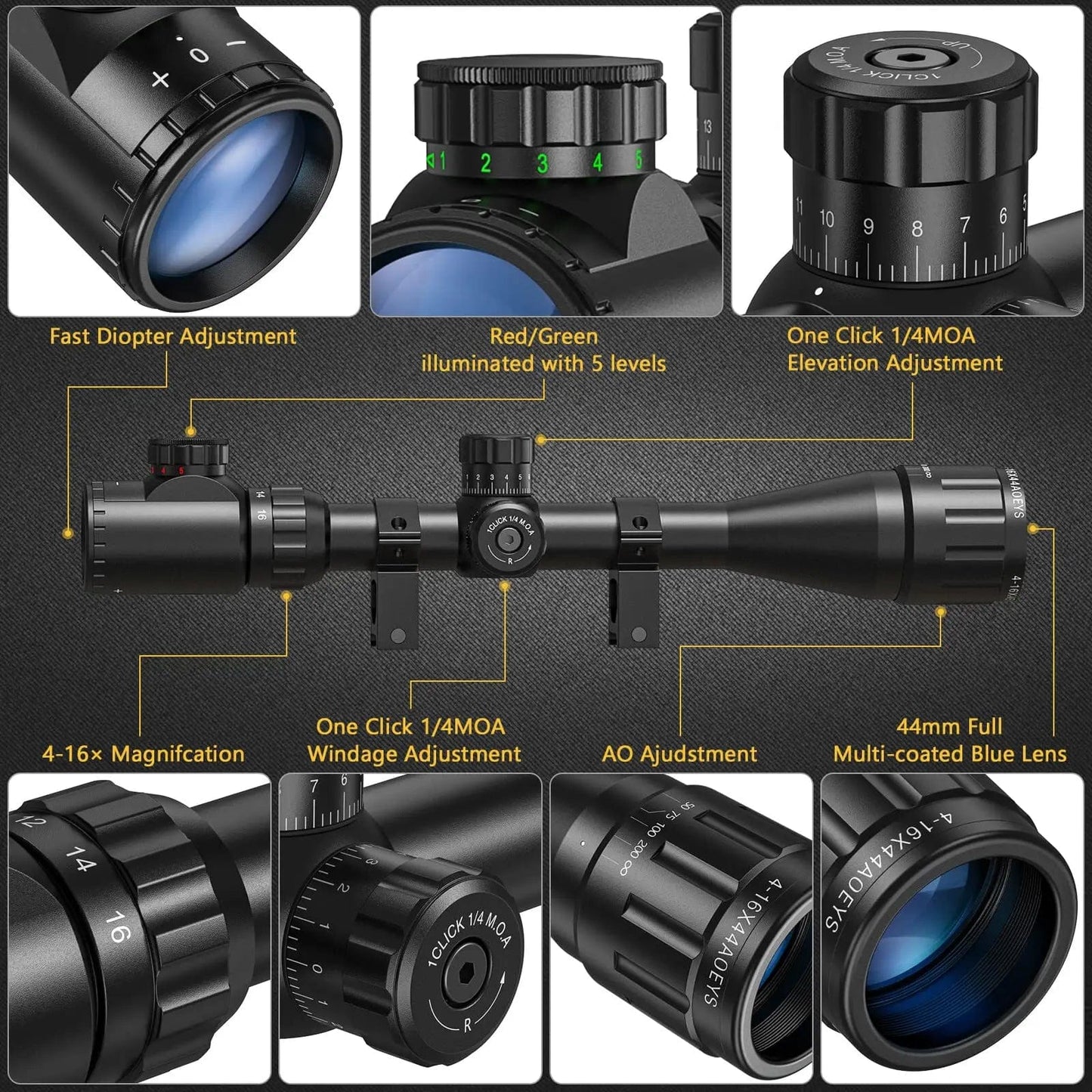 Action Airsoft A SET OF ITEM EZSHOOT 4-16x44 Riflescope Red Green Illuminated Reticle Crosshair Optics Scope Sight with Locking Turret Sunshade Hunting