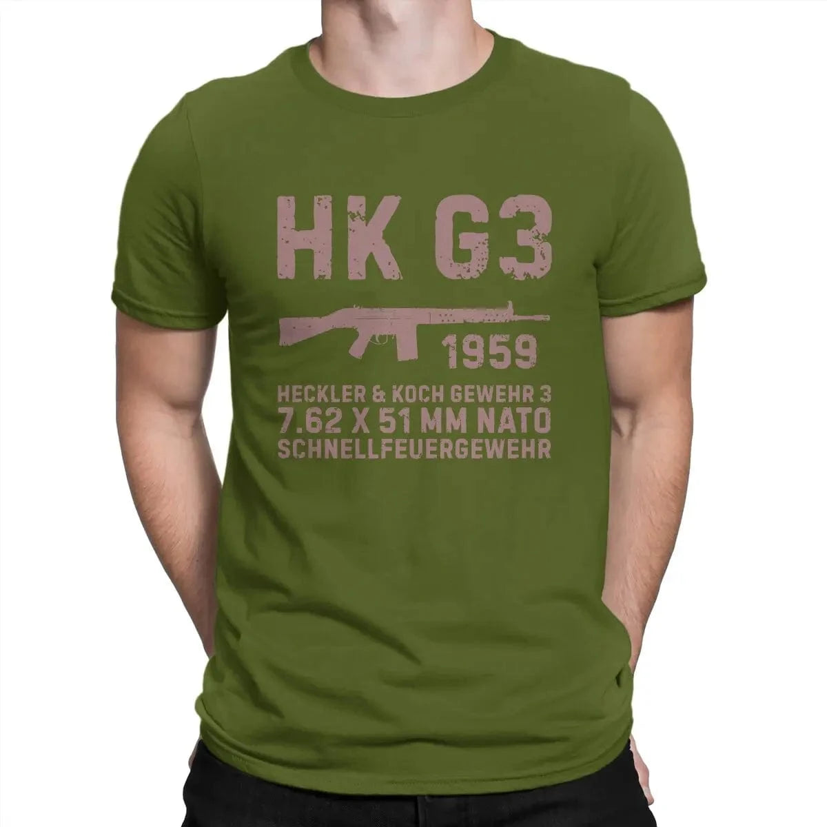 Fun HK G3 German Assault Rifle Classic T-Shirt for Men Round Neck Cotton T Shirt Heckler Koch HK Short Sleeve Tees Clothes army green / 6XL