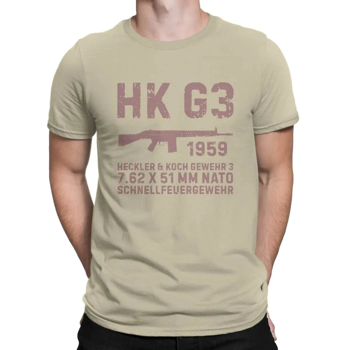 Fun HK G3 German Assault Rifle Classic T-Shirt for Men Round Neck Cotton T Shirt Heckler Koch HK Short Sleeve Tees Clothes Beige / 6XL