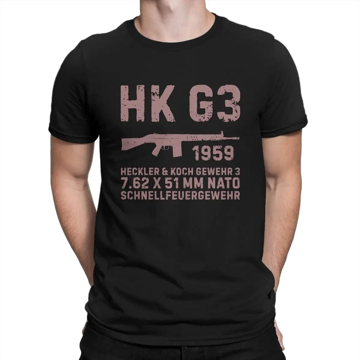 Fun HK G3 German Assault Rifle Classic T-Shirt for Men Round Neck Cotton T Shirt Heckler Koch HK Short Sleeve Tees Clothes black / S