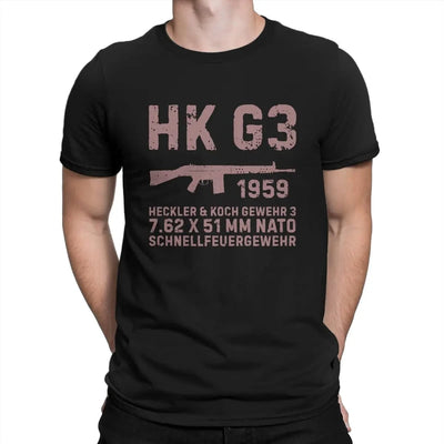 Fun HK G3 German Assault Rifle Classic T-Shirt for Men Round Neck Cotton T Shirt Heckler Koch HK Short Sleeve Tees Clothes black / S