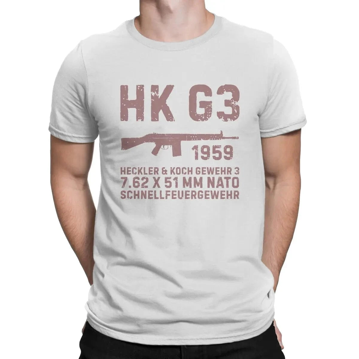 Fun HK G3 German Assault Rifle Classic T-Shirt for Men Round Neck Cotton T Shirt Heckler Koch HK Short Sleeve Tees Clothes WHITE / 6XL