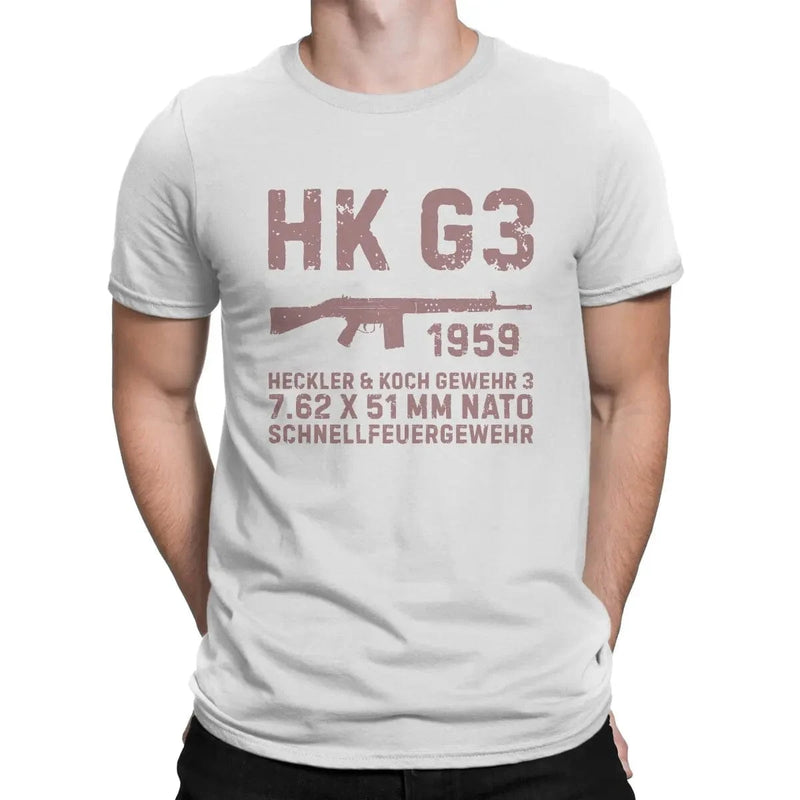 Fun HK G3 German Assault Rifle Classic T-Shirt for Men Round Neck Cotton T Shirt Heckler Koch HK Short Sleeve Tees Clothes WHITE / 6XL