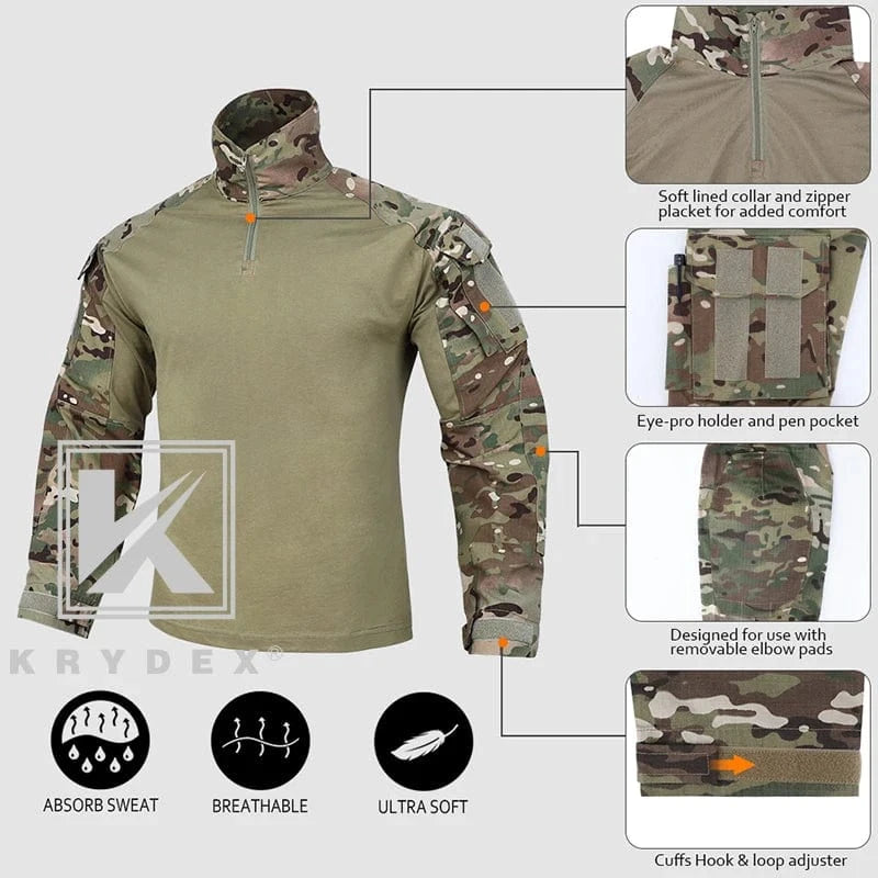 KRYDEX Combat Shirt with Elbow Pads For Hunting Outdoor Tops Tactical Clothes MC Tiger Stripes Shirts