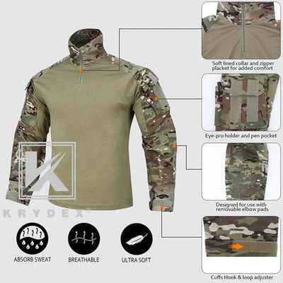 KRYDEX Combat Shirt with Elbow Pads For Hunting Outdoor Tops Tactical Clothes MC Tiger Stripes Shirts