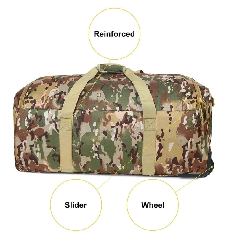 Large Capacity Military Tactical Travel Bag Wheeled Deployment Trolley Duffel Bag Heavy-Duty Camping Hiking Running Trekking