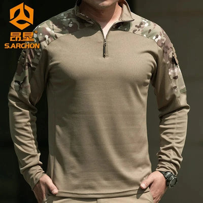 Men Long Sleeve Tactical Shirt Outdoor Combat Training Camouflage Uniform Gym Sport Clothes Tops Stretch Sweatshirt Hiking Shirt CP / XXXL