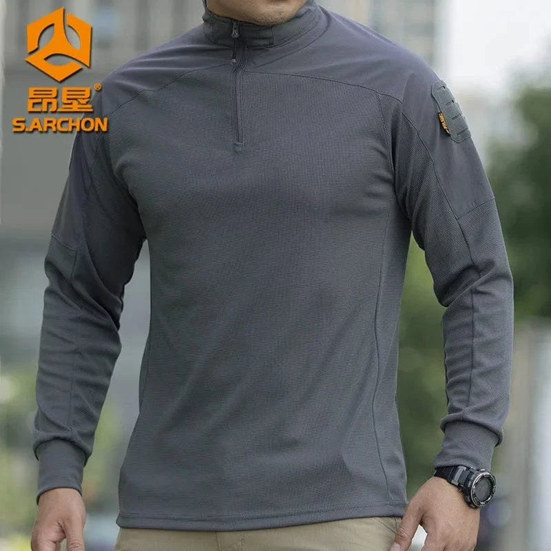 Men Long Sleeve Tactical Shirt Outdoor Combat Training Camouflage Uniform Gym Sport Clothes Tops Stretch Sweatshirt Hiking Shirt Gray / XL