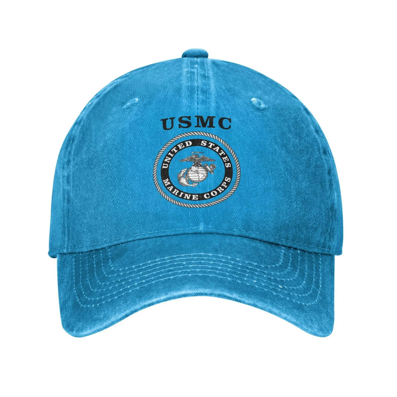 Military US Marine Corps USMC Baseball Caps Casual Distressed Cotton Veteran Snapback Hat Unisex Outdoor All Seasons Travel Soft Blue / Adjustable