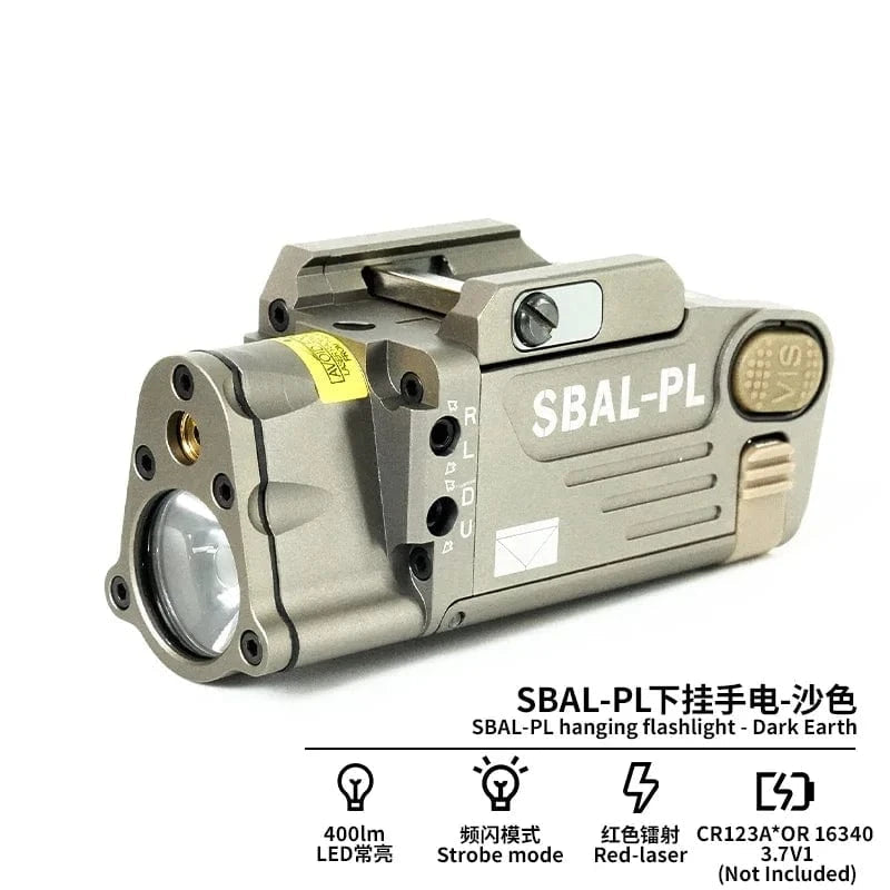 New Tactical SBAL-PL Flashlight 400LM Strobe LED Red Laser Hanging Weapon Light For 20MM Rail Night Fishing Hunting Accesssories DE SBAL-PL Light