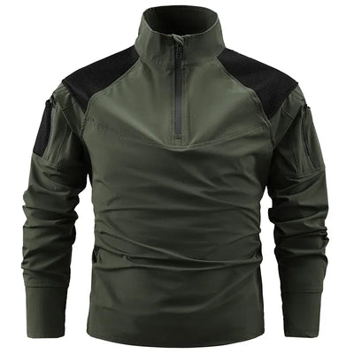Nouveaux T-shirts Ripstop à fermeture éclair 1/4 avec poches zippées pour hommes, T-shirts à manches longues pour la randonnée en extérieur, hauts de sport, pulls d'entraînement Army Green / XXXL