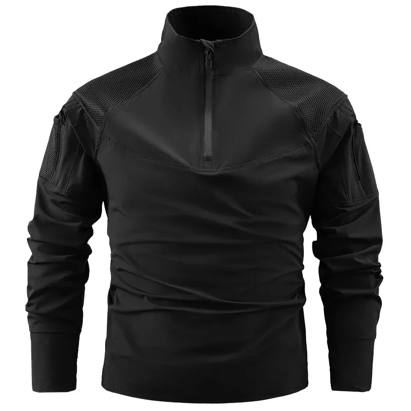 Nouveaux T-shirts Ripstop à fermeture éclair 1/4 avec poches zippées pour hommes, T-shirts à manches longues pour la randonnée en extérieur, hauts de sport, pulls d'entraînement Black / 4XL