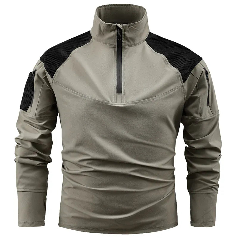 Nouveaux T-shirts Ripstop à fermeture éclair 1/4 avec poches zippées pour hommes, T-shirts à manches longues pour la randonnée en extérieur, hauts de sport, pulls d'entraînement Khaki / XXXL