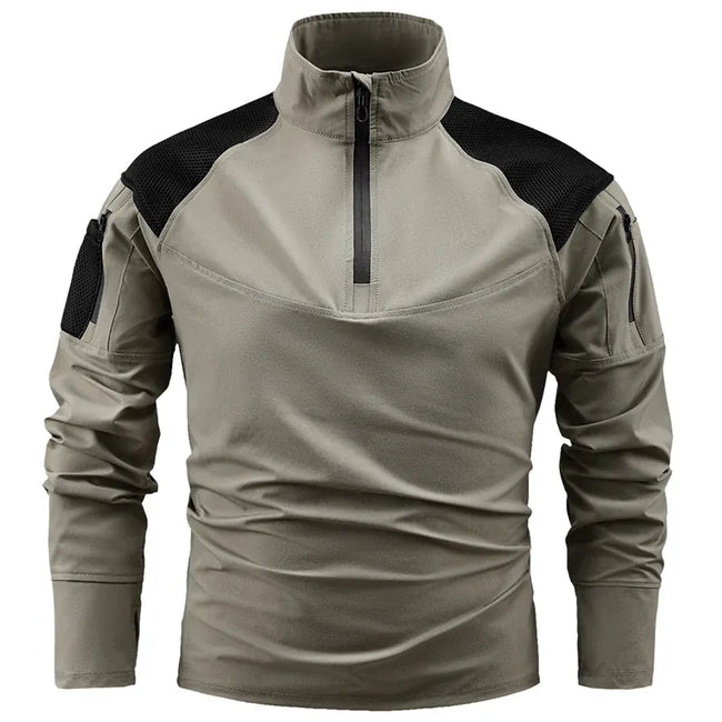 Nouveaux T-shirts Ripstop à fermeture éclair 1/4 avec poches zippées pour hommes, T-shirts à manches longues pour la randonnée en extérieur, hauts de sport, pulls d'entraînement Khaki / XXXL
