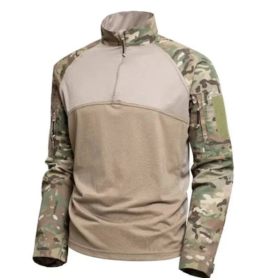 Outdoor Tactical Long Sleeved Mens T-shirt Camouflage Patchwork Half Zipper Training Tops Wear-resisting Multi Pockets Pullover