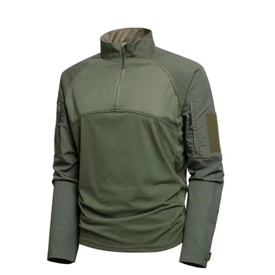 Outdoor Tactical Long Sleeved Mens T-shirt Camouflage Patchwork Half Zipper Training Tops Wear-resisting Multi Pockets Pullover army green / L