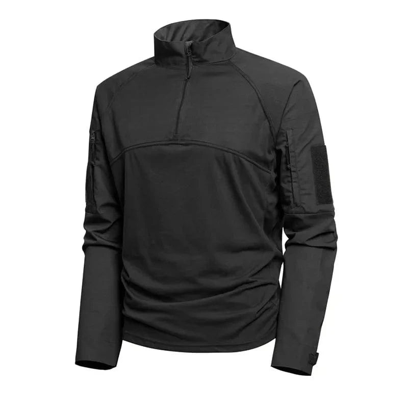 Outdoor Tactical Long Sleeved Mens T-shirt Camouflage Patchwork Half Zipper Training Tops Wear-resisting Multi Pockets Pullover black / XL