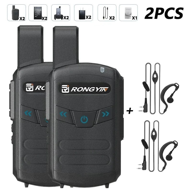 RongYin A5 Mini Walkie Talkie Portable Kids Toy Two Way Radio UHF400-470Mhz Type-C Charger Wireless frequency copy High Capacity 2Black-2Headset / EU