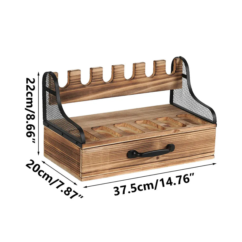 Support de présentation pour pistolets en bois à 6 emplacements avec tiroir à 4 compartiments pour le rangement de magazines et de balles