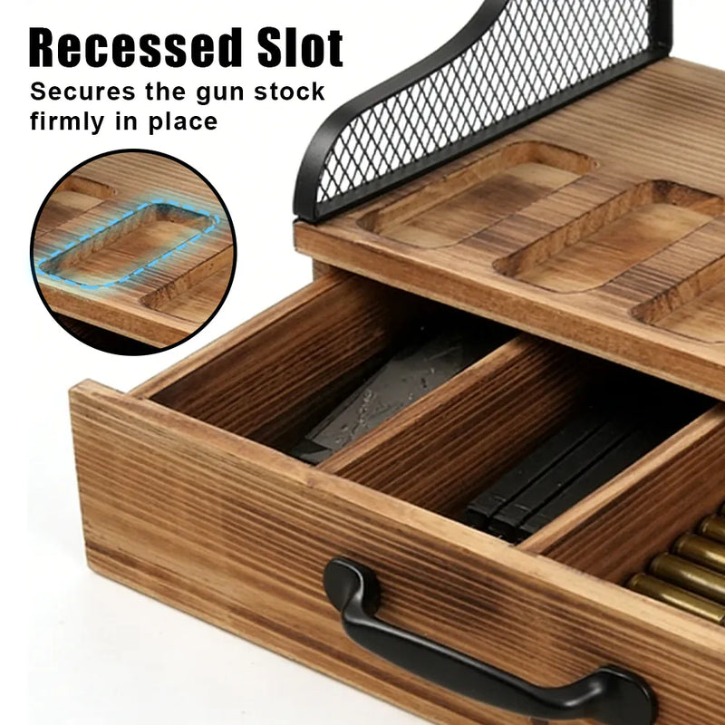 Support de présentation pour pistolets en bois à 6 emplacements avec tiroir à 4 compartiments pour le rangement de magazines et de balles