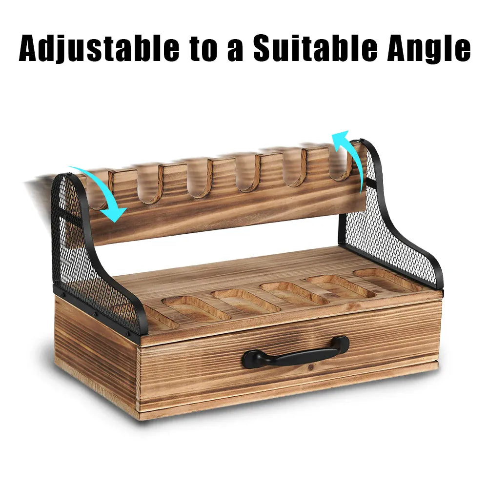 Support de présentation pour pistolets en bois à 6 emplacements avec tiroir à 4 compartiments pour le rangement de magazines et de balles