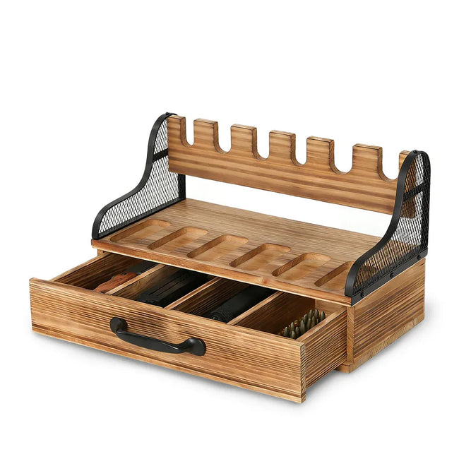 Support de présentation pour pistolets en bois à 6 emplacements avec tiroir à 4 compartiments pour le rangement de magazines et de balles