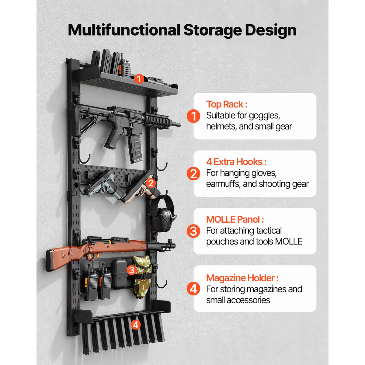 Support mural pour armes à feu SucceBuy en acier, support pour fusils d'intérieur avec porte-chargeurs, panneau MOLLE, accessoires pour armes à feu, support de rangement et d'exposition